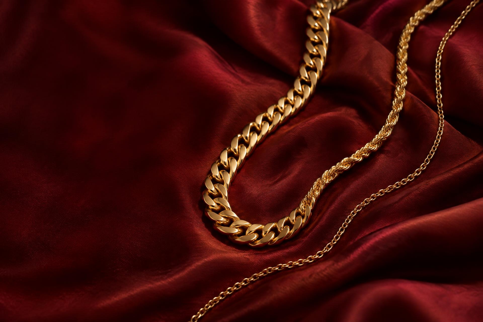 Illustrative gold chains arranged on burgundy silk
